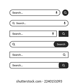 Various search bars with outline border. Internet browser engine with search box, address bar and text field. UI design, website interface element, web icons and push button. Vector illustration