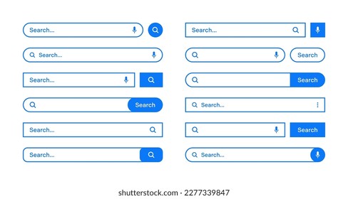 Varias barras de búsqueda con borde de contorno. Motor de navegador de Internet con cuadro de búsqueda, barra de direcciones y campo de texto. diseño de interfaz de usuario, elemento de interfaz de sitio web, iconos web y botón de inserción. Ilustración del vector
