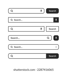 Various search bars with outline border. Internet browser engine with search box, address bar and text field. UI design, website interface element, web icons and push button. Vector illustration