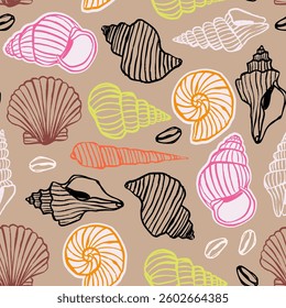 Various Seashells set. Different shapes. Outline modern style. Summer, vacation, ocean, beach concept. Hand drawn trendy Vector illustration. Square seamless Pattern, background, wallpaper