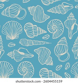 Various Seashells set. Different shapes. Outline modern style. Summer, vacation, ocean, beach concept. Hand drawn trendy Vector illustration. Square seamless Pattern, background, wrapping paper