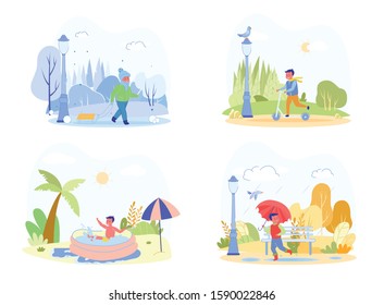 Various Seasonal Childrens Outdoors Activity and Fun Set. Little Child Cartoon Character Walking and Resting on Nature - Warm and Cold Weather Sports and Leisure. Flat Vector Illustration Isolated.