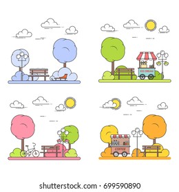 Various seasons city landscapes with central park set isolated on white background. Outline vector illustration of citycsapes.