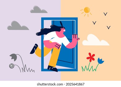 Various seasons and weather concept. Young smiling woman cartoon character running out of door from gloomy to sunny weather with birds and flowers vector illustration 