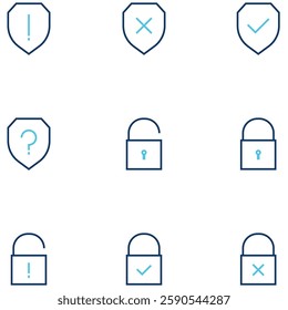Various security icons including shields with check marks, crosses, question marks, and padlocks symbolizing safety or warnings; use for digital protection or system access.