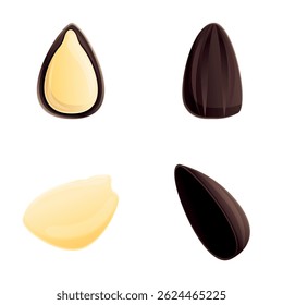 Various seed icons set cartoon vector. Peeled and unshelled sunflower seed. Natural product, healthy snack