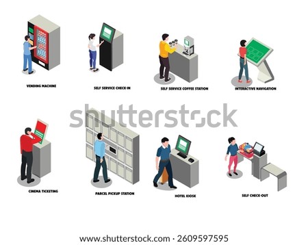 Various self-service machines and stations including vending machines, check-in kiosks, coffee stations, interactive navigation, ticketing, parcel pickup, hotel kiosks, and self check-out