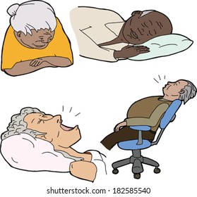 Various senior adults asleep over white background
