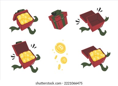 A various set of cryptocurrency gifts, give and receive gifts, stack of coin, open box, blank box, coin drop flat vector illustration isolated on white background. Cryptocurrency finance.