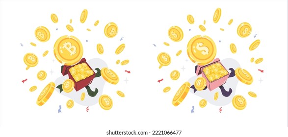 A various set of cryptocurrency gifts, give and receive gifts, stack of coin, open box flat vector illustration isolated on white background. Cryptocurrency finance.