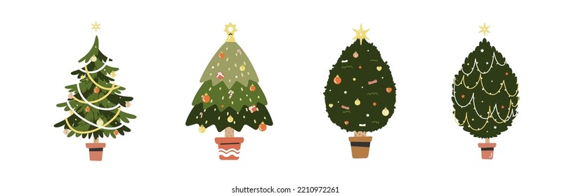 A various set of cute Christmas tree with lovely decoration ts flat vector illustration isolated on white background. Merry Christmas and Happy New Year