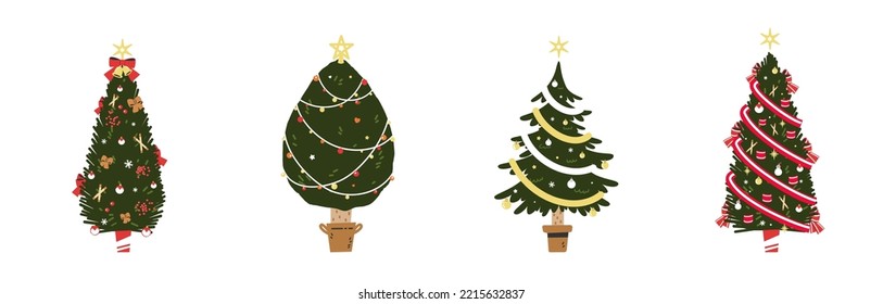 A various set of cute Christmas tree with lovely decoration flat vector illustration isolated on white background. Merry Christmas and Happy New Year