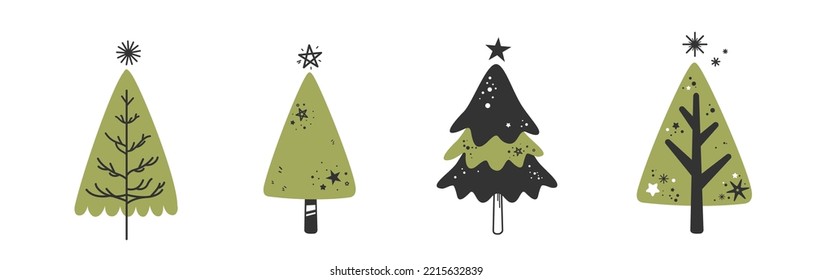 Un conjunto de adorable árbol de Navidad con adorable decoración de líneas de arte y monotona ilustración vectorial plana aislada en fondo blanco. Feliz Navidad y Feliz Año Nuevo.