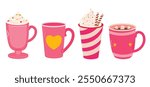 Various set of cute decorated cups and mugs for valentines day. Hot drinks. Flat illustration