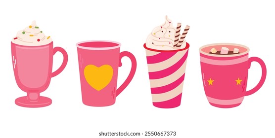 Various set of cute decorated cups and mugs for valentines day. Hot drinks. Flat illustration