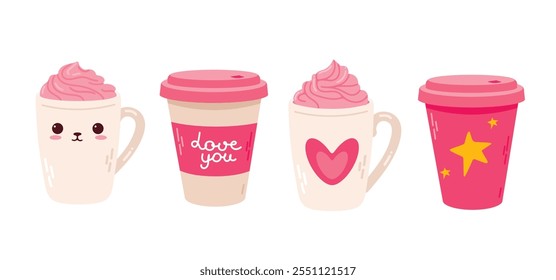 Varios conjuntos de tazas y tazas decoradas lindas para el día de San Valentín. Bebidas calientes. Ilustración plana