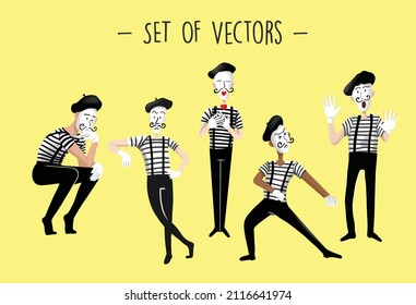 Various Set of CUte French Pantomime. Set of Isolated Mime Vector with White Background