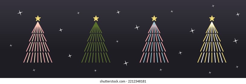 A various set of cute neon light Christmas tree with lovely decoration flat vector illustration isolated from background. Merry Christmas and Happy New Year.