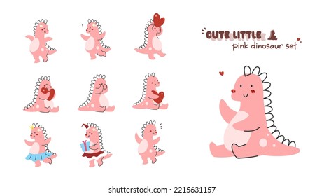 A Various set of cute pink dinosaur cartoon character flat vector illustration isolated on white background. Girly cute happy, love, cheerful, princess dino character for kids. Merry christmas.