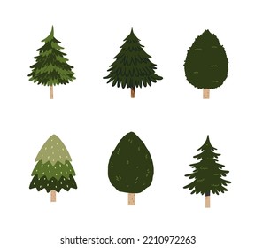 A Various Set Of Cute Plain Christmas Tree With Lovely Decoration Ts Flat Vector Illustration Isolated On White Background. Merry Christmas And Happy New Year