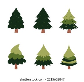 A Various Set Of Cute Plain Christmas Tree, Flat Vector Illustration Isolated On White Background. Merry Christmas And Happy New Year.