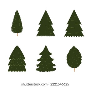 A Various Set Of Cute Plain Christmas Tree, Flat Vector Illustration Isolated On White Background. Merry Christmas And Happy New Year.