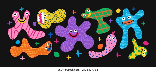 Various set funny creatures and doodle abstract monsters or fantastic animals, cute colorful characters. Trendy vector hand drawn illustration