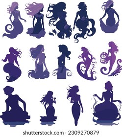 various set of mermaid silhouettes on white background, in the style of dark purple and light indigo, holotone printing, wavy resin sheets, cartoon mis-en-scene, irregular shapes, curvilinear shapes