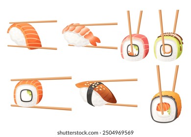 Various set of sushi pieces with chopsticks. Sushi roll held by wooden sticks. Delivery asian food service. Vector illustration isolated on white background