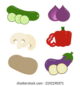 Various sets of colorful food icons for vegetarians and vegans. Vegetables, mushrooms, and potato. Simple flat vector style.