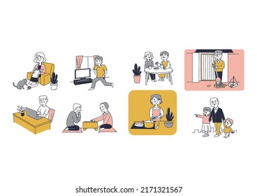 Various Sets Of Happy Life In Old Age Comical Handwritten Person Vector, Warm Line Drawing