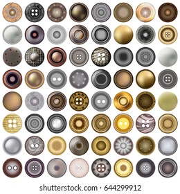 Various sewing buttons isolated on white. Mega set of realistic metal round button set. 3d illustration. vector.