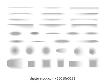 Various shadow effects vector set. Realistic soft shadow divider strips. Gritty shade borders or frames collection. Round and oval, square, rectangular object overlay shadows isolated