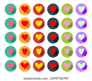 Various shape of 3D hearts in colorful circle. Colorful love icon set vector. 