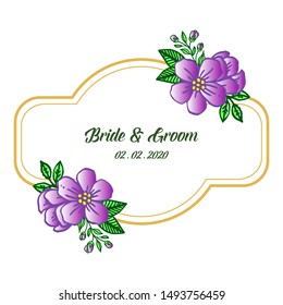 Various shape frame with abstract purple floral, for wedding invitation template bride and groom. Vector