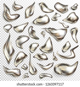 Various shape liquid metal drops 3d realistic vector set isolated on transparent background. Different form and size shiny silver fluid, molted aluminum, metallic paint blobs design element collection