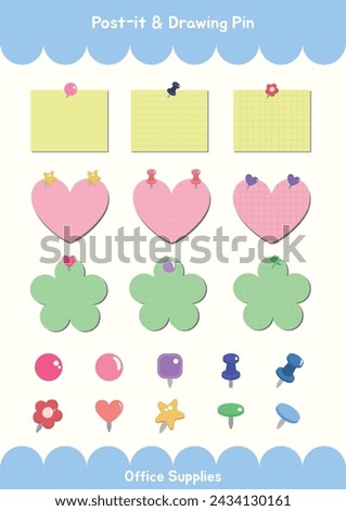 Various Shape Pattern Colorful Drawing Pin and Post it note Office  Supplies Note Pad Stationery Collection Vector Illustration