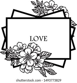Various shape poster love romantic, with leaf floral frame black and white. Vector