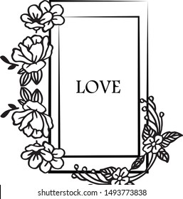 Various shape poster love romantic, with leaf floral frame black and white. Vector