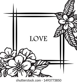 Various shape poster love romantic, with leaf floral frame black and white. Vector