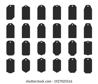 Varias etiquetas de forma. Silhouette de etiquetas de productos perforados para colgar. Aislado sobre fondo blanco