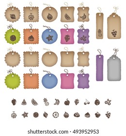 Various shaped colorful price tags and fruits illustrations
