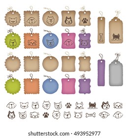 Various shaped colorful price tags and dog illustrations