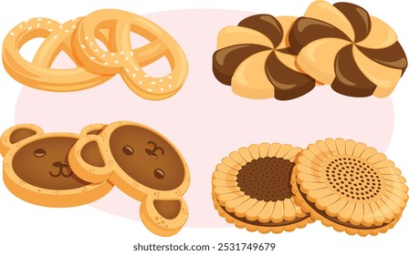 Variedad de galletas en forma: Pretzel, osito de peluche, flores y sándwiches de chocolate 