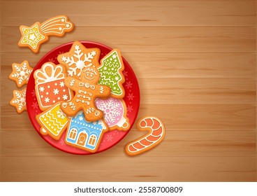 Various shaped gingerbread cookies on the red plate with snowflakes. Dish with Christmas gingerbread cookies standing on the wooden table. Christmas and New Year background. Vector illustration