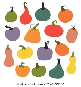 Varias calabazas en forma de calabazas. Colección de ilustraciones de vector dibujadas a mano.