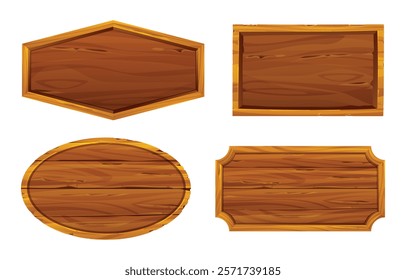 Various shaped wooden boards with detailed textures and rustic finishes. Vector cartoon illustration
