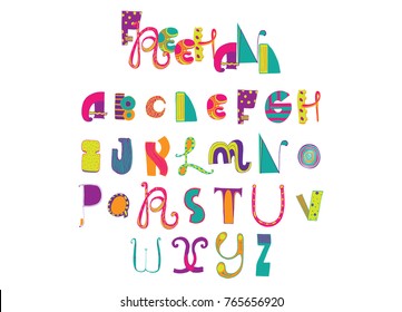 Various shapes abc letters hand drawn with ink and decorated with different styles and bright colors. English font good for writing titles and lettering