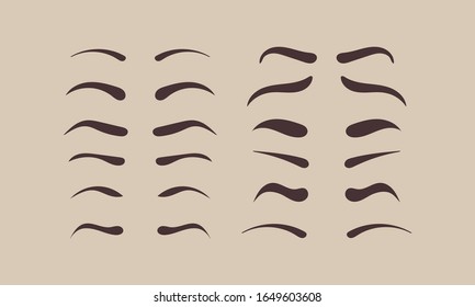 Various shapes, angles and thin eyebrows hand drawn. Makeup Tips. Eyebrow shaping for women. The classic type and different thickness of the pruning. Vector illustration, EPS 10.
