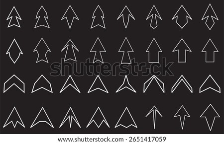various shapes of arrowhead outlines for a direction or hint, vector.